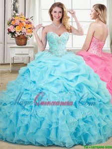 Sophisticated Aqua Blue Sleeveless Floor Length Beading and Ruffles and Pick Ups Lace Up 15 Quinceanera Dress