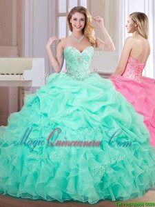 Smart Apple Green Organza Lace Up Ball Gown Prom Dress Sleeveless Floor Length Beading and Ruffles and Pick Ups