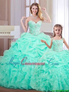 Most Popular Organza Sweetheart Sleeveless Lace Up Beading and Ruffles and Pick Ups 15th Birthday Dress in Apple Green