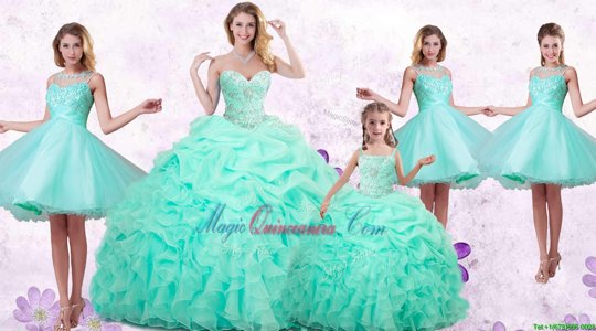 On Sale Apple Green Sleeveless Beading and Ruffles and Pick Ups Floor Length 15 Quinceanera Dress