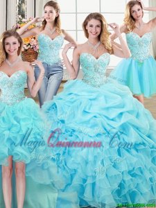 Four Piece Aqua Blue Ball Gowns Sweetheart Sleeveless Organza Floor Length Lace Up Beading and Ruffles and Pick Ups Quinceanera Gown