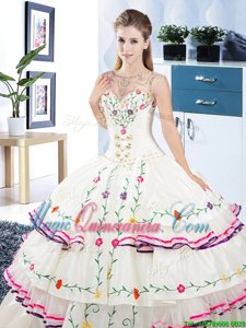 Scoop White Sleeveless Floor Length Beading and Embroidery and Ruffled Layers Lace Up Quinceanera Gown