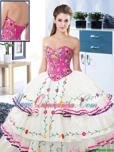 Deluxe Floor Length Lace Up 15th Birthday Dress White and In for Military Ball and Sweet 16 and Quinceanera with Embroidery and Ruffled Layers