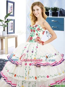 Dazzling Sweetheart Sleeveless Quinceanera Gowns Floor Length Embroidery and Ruffled Layers White Organza and Taffeta
