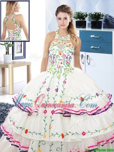 White Ball Gown Prom Dress Military Ball and Sweet 16 and Quinceanera and For with Embroidery and Ruffled Layers Halter Top Sleeveless Lace Up