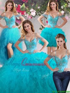 Four Piece Off the Shoulder Sleeveless Beading and Ruffles Lace Up Quinceanera Dress
