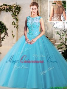 Edgy Scoop Sleeveless Quinceanera Gowns Floor Length Beading Baby Blue Tulle