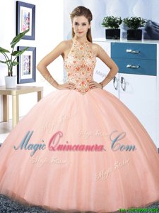 Admirable Halter Top Embroidery Sweet 16 Dress Peach Lace Up Sleeveless Floor Length