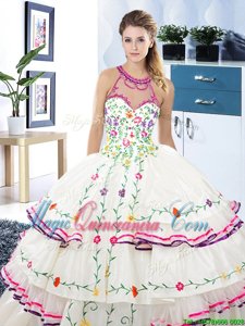 Halter Top Floor Length Lace Up Quinceanera Dresses White and In for Military Ball and Sweet 16 and Quinceanera with Embroidery and Ruffled Layers