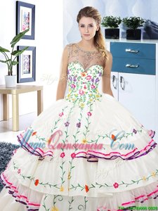 Low Price Scoop Floor Length White Quince Ball Gowns Organza and Taffeta Sleeveless Beading and Embroidery and Ruffled Layers