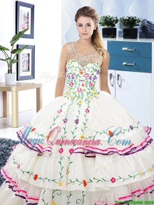 Most Popular Scoop Beading and Embroidery and Ruffled Layers Vestidos de Quinceanera White Lace Up Sleeveless Floor Length