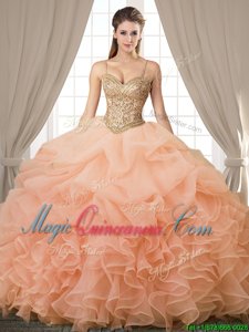 Fashion Peach Ball Gowns Beading and Ruffles and Pick Ups Sweet 16 Dresses Lace Up Organza Sleeveless Floor Length