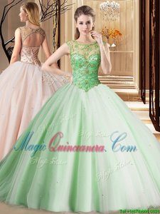 Scoop Tulle Lace Up Sweet 16 Quinceanera Dress Sleeveless Brush Train Beading