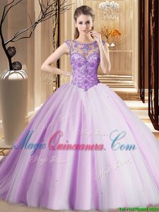 Ideal Lavender Ball Gowns Scoop Sleeveless Tulle Brush Train Lace Up Beading Ball Gown Prom Dress