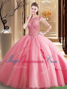 Decent Watermelon Red Ball Gowns Tulle Scoop Sleeveless Beading Lace Up Sweet 16 Quinceanera Dress Brush Train