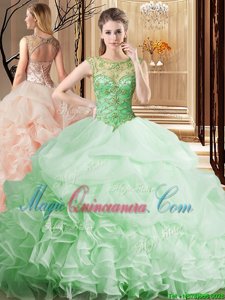 Sexy Apple Green Ball Gowns Organza Scoop Sleeveless Beading and Ruffles and Pick Ups Lace Up 15 Quinceanera Dress Brush Train