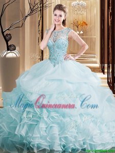 Comfortable Scoop Sleeveless Beading and Ruffles and Pick Ups Lace Up Sweet 16 Dresses with Light Blue Brush Train