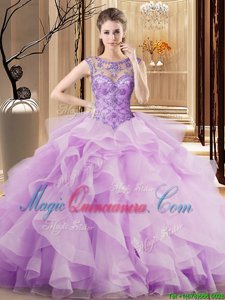 Artistic Scoop Sleeveless Brush Train Beading and Ruffles Lace Up Sweet 16 Quinceanera Dress
