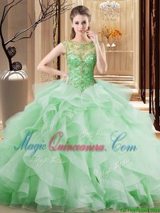 Charming Scoop Sleeveless Brush Train Beading and Ruffles Lace Up Sweet 16 Quinceanera Dress