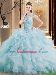 On Sale Scoop Light Blue Lace Up Sweet 16 Dresses Beading and Ruffles Sleeveless Brush Train