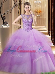 Lilac Tulle Lace Up Scoop Sleeveless Sweet 16 Quinceanera Dress Brush Train Beading and Ruffled Layers