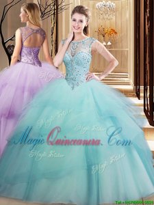 Scoop Light Blue Ball Gowns Beading and Ruffled Layers Quince Ball Gowns Lace Up Tulle Sleeveless