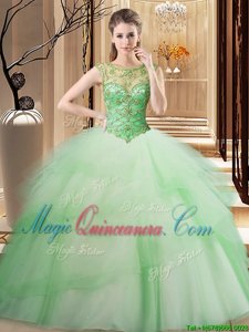 Custom Made Scoop Sleeveless Tulle Brush Train Lace Up Quinceanera Gown in for with Beading and Ruffled Layers