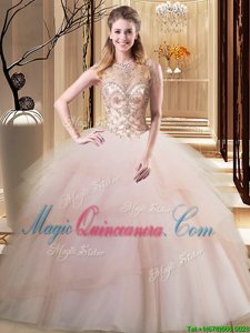 Custom Fit Scoop Peach Lace Up Quinceanera Gowns Beading and Ruffled Layers Sleeveless Brush Train