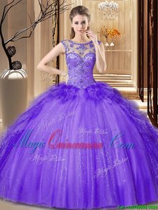 Purple Ball Gowns Tulle Scoop Sleeveless Sequins Floor Length Lace Up Vestidos de Quinceanera