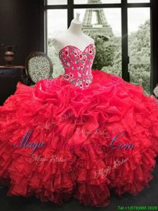 Red Sweetheart Lace Up Embroidery and Ruffles Vestidos de Quinceanera Sleeveless