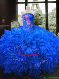 Organza Sleeveless Floor Length Quinceanera Dresses and Embroidery and Ruffles