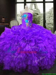 Charming Sleeveless Organza Floor Length Lace Up Quinceanera Dress in Purple for with Embroidery