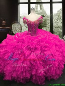 Latest Cap Sleeves Floor Length Lace Up Sweet 16 Dress Fuchsia and In for Military Ball and Sweet 16 and Quinceanera with Beading and Ruffles