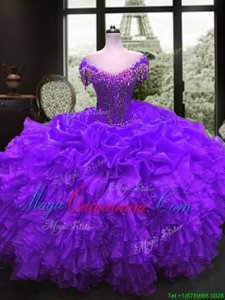 High Quality Purple Organza Lace Up Quinceanera Gown Cap Sleeves Floor Length Beading and Ruffles