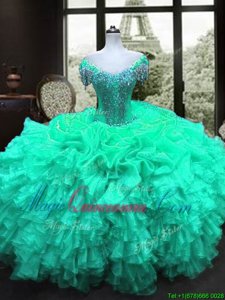Custom Design Turquoise Organza Lace Up Ball Gown Prom Dress Cap Sleeves Floor Length Beading and Ruffles