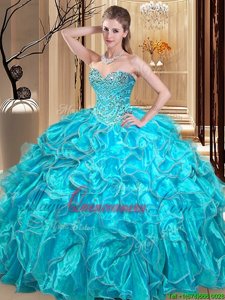 Aqua Blue Sweet 16 Quinceanera Dress Military Ball and Sweet 16 and Quinceanera and For with Beading and Ruffles Sweetheart Sleeveless Lace Up