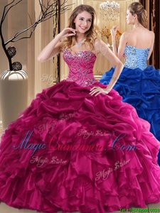 Simple Fuchsia Organza Lace Up Quince Ball Gowns Sleeveless Floor Length Beading and Pick Ups
