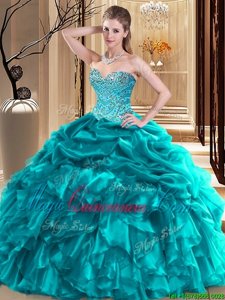 Decent Pick Ups Teal Sleeveless Organza Lace Up Sweet 16 Dresses for Military Ball and Sweet 16 and Quinceanera