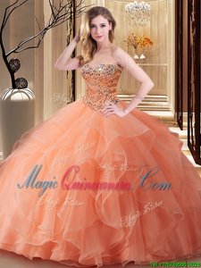 Peach Sleeveless Tulle Lace Up Quinceanera Gown for Military Ball and Sweet 16 and Quinceanera