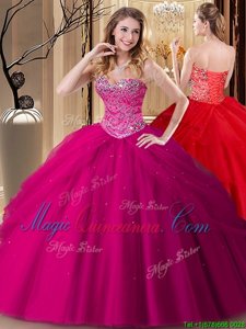 Pretty Fuchsia Ball Gowns Tulle Sweetheart Sleeveless Beading Floor Length Lace Up Quince Ball Gowns