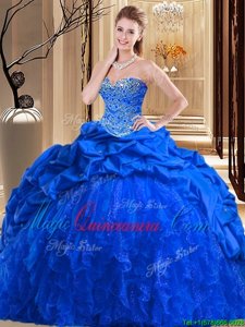 Best Royal Blue Lace Up 15th Birthday Dress Beading and Ruffles Sleeveless Brush Train