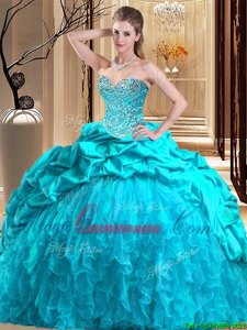 Fabulous Aqua Blue Sweet 16 Quinceanera Dress Military Ball and Sweet 16 and Quinceanera and For with Beading and Ruffles Sweetheart Sleeveless Brush Train Lace Up