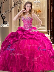 Taffeta and Tulle Sweetheart Sleeveless Brush Train Lace Up Beading and Ruffles Vestidos de Quinceanera in Hot Pink