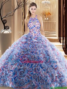 Chic Multi-color High-neck Neckline Ruffles and Pattern Quinceanera Gowns Sleeveless Criss Cross