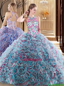 Multi-color Sleeveless Fabric With Rolling Flowers Sweep Train Criss Cross Quince Ball Gowns for Military Ball and Sweet 16 and Quinceanera