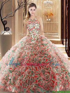 Custom Fit Sleeveless Fabric With Rolling Flowers Brush Train Criss Cross 15 Quinceanera Dress in Multi-color for with Ruffles and Pattern