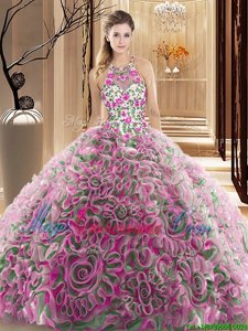 Sleeveless Fabric With Rolling Flowers Brush Train Criss Cross Quinceanera Gowns in Multi-color for with Ruffles and Pattern
