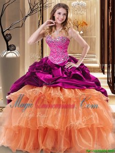 Custom Designed Fuchsia and Orange Ball Gowns Sweetheart Sleeveless Organza and Taffeta Floor Length Lace Up Beading and Ruffles Quinceanera Dresses