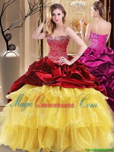 Low Price Red and Yellow Sweetheart Lace Up Beading and Ruffles Sweet 16 Dress Sleeveless