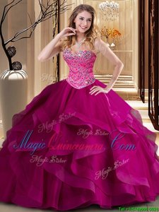 Sexy Fuchsia Ball Gowns Tulle Sweetheart Sleeveless Beading and Ruffles Floor Length Lace Up Sweet 16 Dress